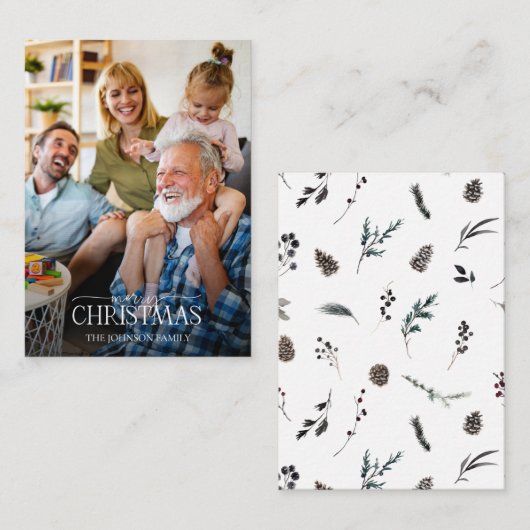 白いモダン冬のミニメリークリスマスフォト ノートカード (正面/裏面)