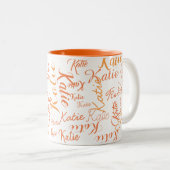 白いモダン手書き名のオレンジ ツートーンマグカップ (正面右)