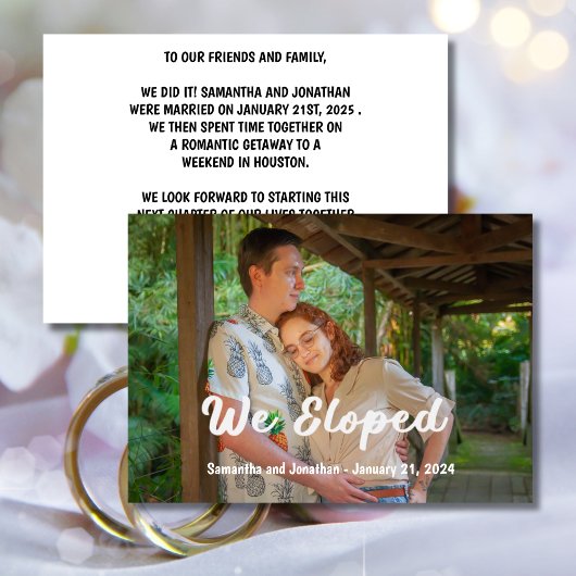 白いモダン文字We Eloped Photo Announce 招待状