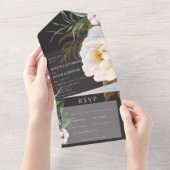 白いモダン牡丹オンブラックディナー オールインワン招待状 (貼ってはがせる)