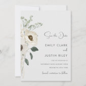 白いモダン花が日付を保存結婚する 招待状 (正面)