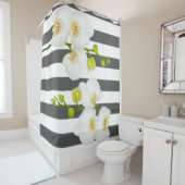 白いモダン蘭と太い白いストライプ花 シャワーカーテン (インサイチュ)