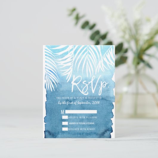 白いヤシの木の葉状体の青の水彩画 出欠カード (スタンド正面)