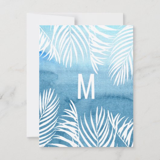 白いヤシの木の葉状体の青の水彩画 出欠カード (裏面)