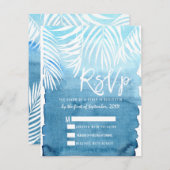 白いヤシの木の葉状体の青の水彩画 出欠カード (正面/裏面)