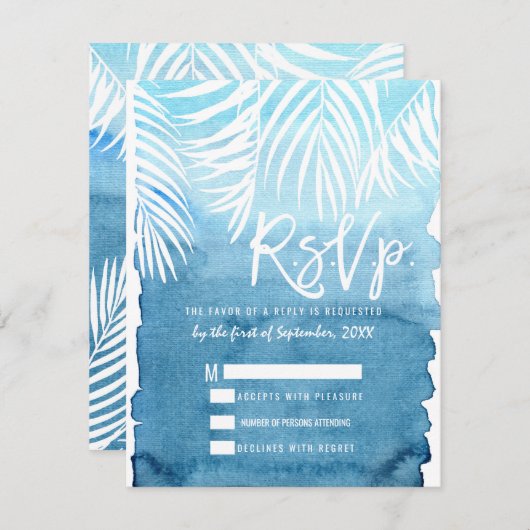 白いヤシの木の葉状体の青の水彩画 出欠カード (正面/裏面)