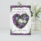 白いユニコーンおよび紫色のバラのハートRSVP 出欠カード (スタンド正面)