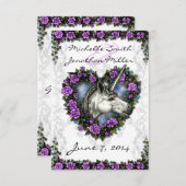 白いユニコーンおよび紫色のバラのハートRSVP 出欠カード (正面/裏面)