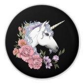 白いユニコーンと花 セラミックノブ (正面)