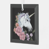 白いユニコーンの花ピンクのバラ ガラスオーナメント (正面左)