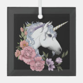 白いユニコーンの花ピンクのバラ ガラスオーナメント (正面)