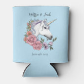 白いユニコーンピンク色の花ブルー 缶クーラー (正面)