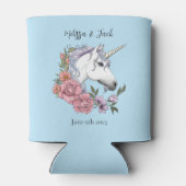 白いユニコーンピンク色の花ブルー 缶クーラー (裏面)