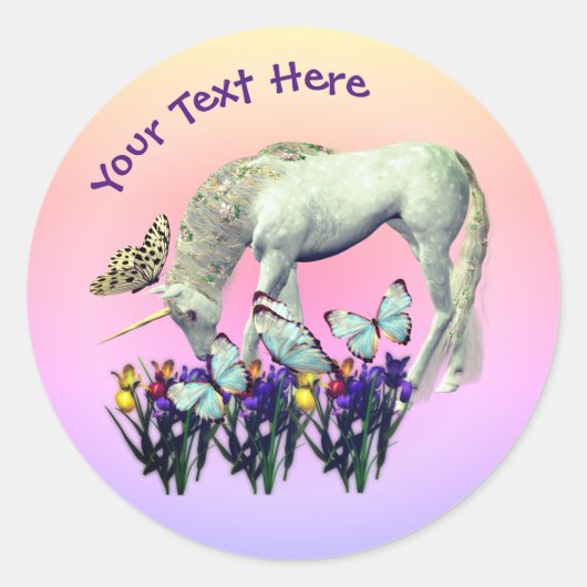 白いユニコーン蝶パーソナライズされた花 ラウンドシール (正面)