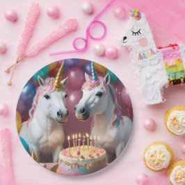 白いユニ祝コーンの誕生日 ペーパープレート