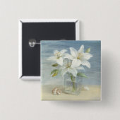 白いユリおよび貝 缶バッジ (正面&裏面)