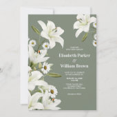 白いユリとデイジー 緑の背景 ウェディング 招待状 (正面)