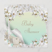 白いユリとベビーベッド ニュートラル ベビーシャワー 招待状 (正面/裏面)