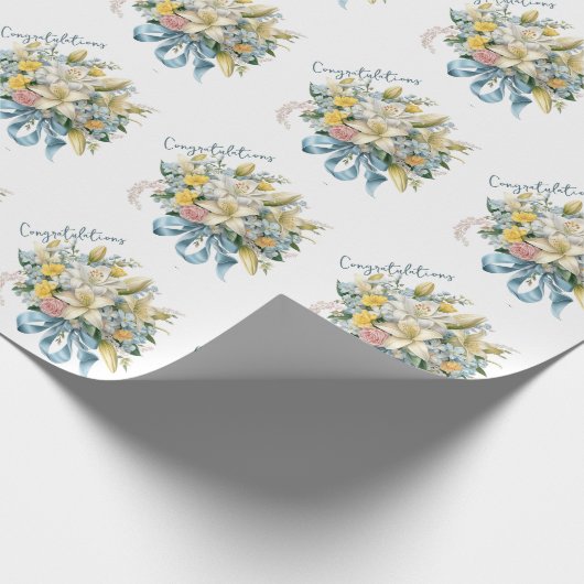 白いユリと青いリボンのウェディングブーケ ラッピングペーパー (角)