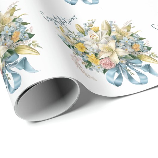 白いユリと青いリボンのウェディングブーケ ラッピングペーパー (ロールコーナー)