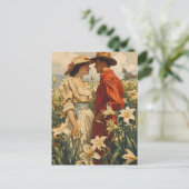 白いユリに囲まれたロマンチックなカップル ヴィンテージ ポストカード (スタンド正面)