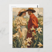 白いユリに囲まれたロマンチックなカップル ヴィンテージ ポストカード (正面/裏面)