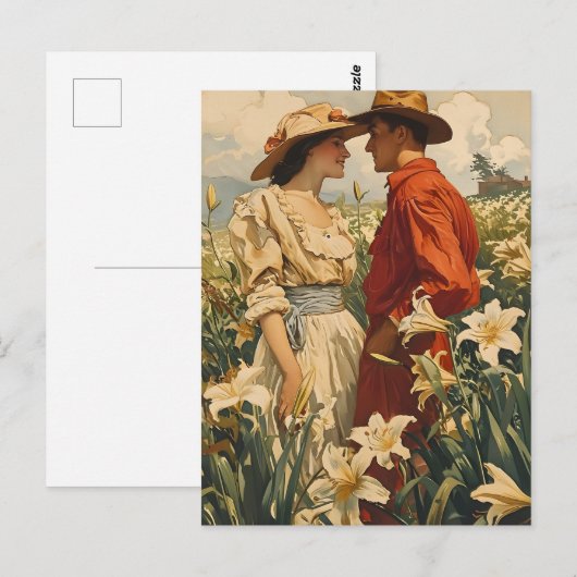 白いユリに囲まれたロマンチックなカップル ヴィンテージ ポストカード (正面/裏面)