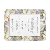 白いユリのシルバー レトロ ウェディング 招待状 マグネット (横)