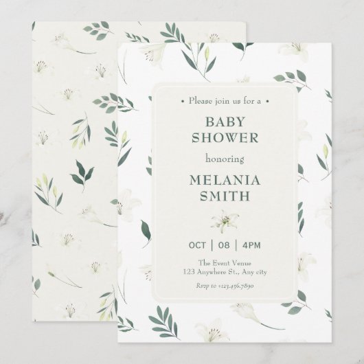 白いユリの花のベビーシャワー 招待状 (正面/裏面)