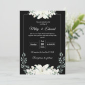 白いユリの花の黒い花柄の結婚式招待状 招待状 (スタンド正面)