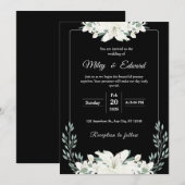 白いユリの花の黒い花柄の結婚式招待状 招待状 (正面/裏面)