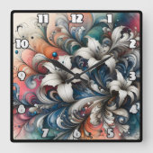 白いユリカラフルのフローラデザイン スクエア壁時計 (正面)