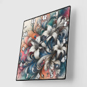 白いユリカラフルのフローラデザイン スクエア壁時計 (傾斜)