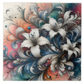 白いユリカラフルのフローラデザイン タイル (正面)