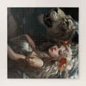 白いライオンを持つ美しい女性 ジグソーパズル (横)