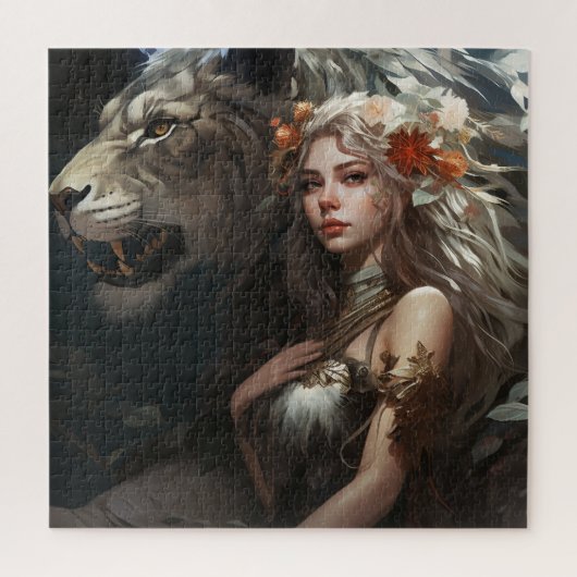 白いライオンを持つ美しい女性 ジグソーパズル (縦)