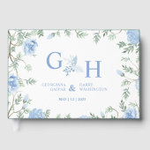 白いライトソフトペーストブルーフラワーズ結婚フローラ ゲストブック (正面)