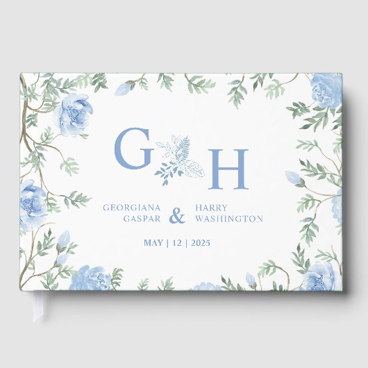 白いライトソフトペーストブルーフラワーズ結婚フローラ ゲストブック (正面)