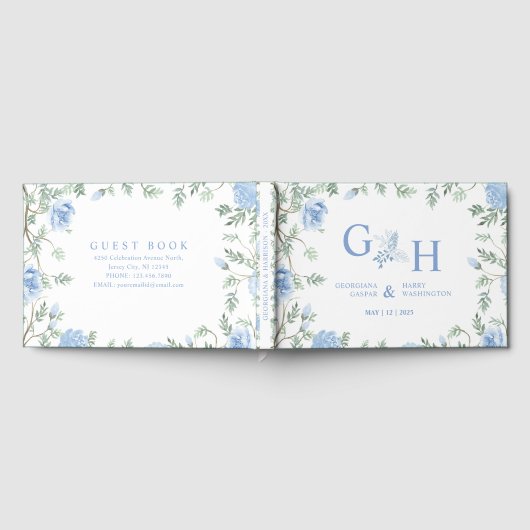 白いライトソフトペーストブルーフラワーズ結婚フローラ ゲストブック (全面)