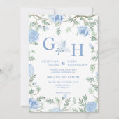 白いライトソフトペーストブルーフラワーズ結婚フローラ 招待状 (正面)