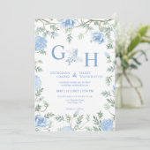 白いライトソフトペーストブルーフラワーズ結婚フローラ 招待状 (スタンド正面)