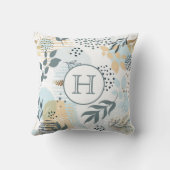 白いライトブルーの金ゴールド葉モノグラム クッション (裏面)