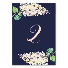 白いライラック。ネイビーの花柄ロマンチックな結婚式。青 テーブルナンバー