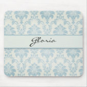 白いラベルが付いている柔らかく青いダマスク織 マウスパッド (正面)
