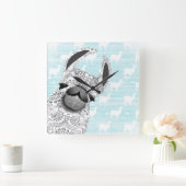 白いラマ雲のパターンとモマラマ スクエア壁時計 (ホーム)