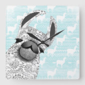 白いラマ雲のパターンとモマラマ スクエア壁時計 (正面)