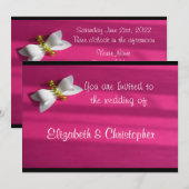 白いリボンが付いたピンクの背景のウェディング 招待状 (正面/裏面)