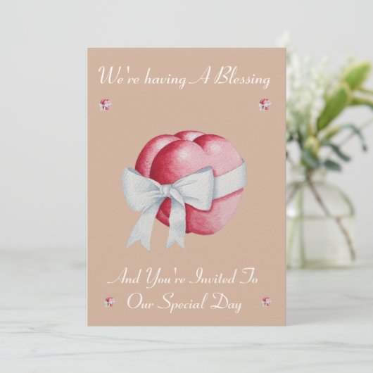 白いリボンで結ばれたハートの結婚式の祝福 招待状 (スタンド正面)