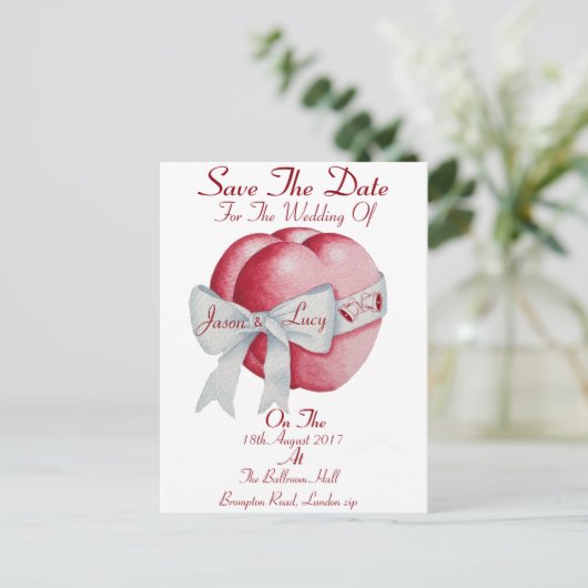 白いリボン付きの赤いハートは日付を保存 案内ポストカード (スタンド正面)
