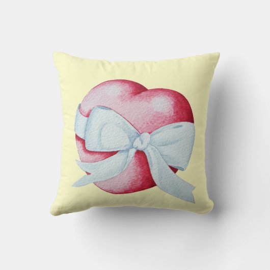 白いリボン弓で結ばれたロマンチックな赤い愛ハート クッション (裏面)